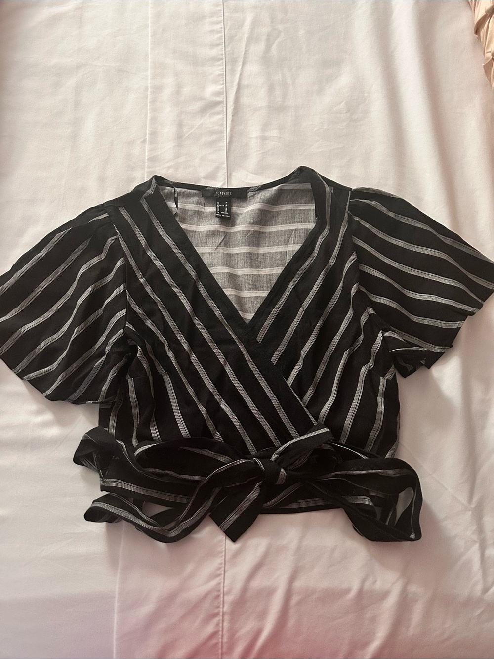 Black Stripe Wrap Top with Tie Waist